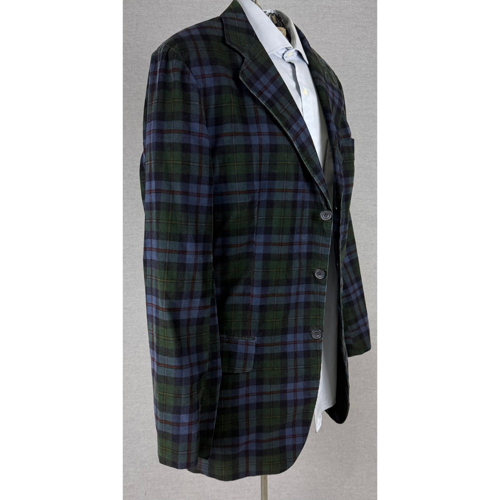 Faconnable Albert Goldberg Mens Corduroy Plaid Blazer Sport Coat Green Blue LL